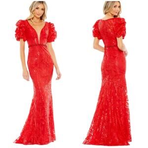 Mac Duggal NWOT Embellished Puff Sleeve Plunge Neck Trumpet Gown Size 10 Red